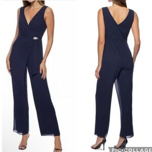 Marina Embellished Chiffon Jumpsuit Navy Blue 14